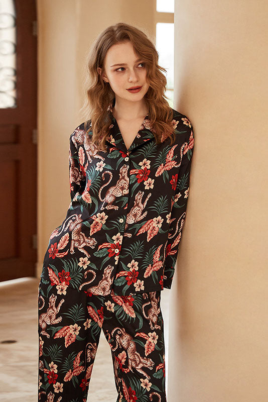 Jaguar and Flower Print Long-Sleeve Loungewear Set