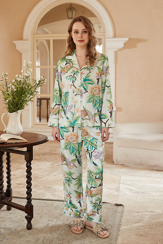Coordinated Peony Print Long-Sleeve Loungewear Set