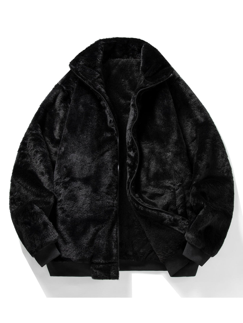 Men's Plush Faux Fur Zip-Up Jacket – Soft Textured Winter Outerwear with Stand Collar and Ribbed Trims for Casual Wear