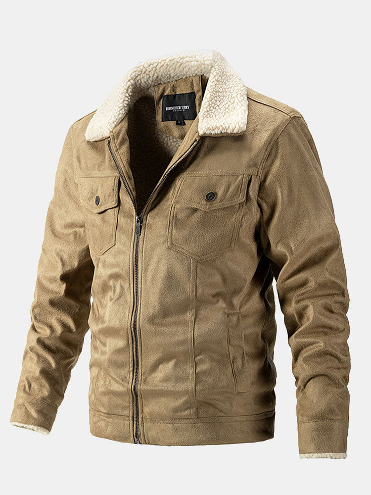 Men's Teddy-Lined Faux Suede Jacket – Warm Winter Zip-Up Outerwear with Sherpa Collar and Utility Chest Pockets