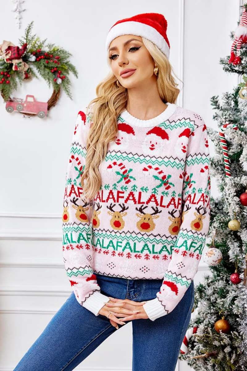 Loose-Fit Crew Neck Christmas Cartoon Knit Sweater Pink