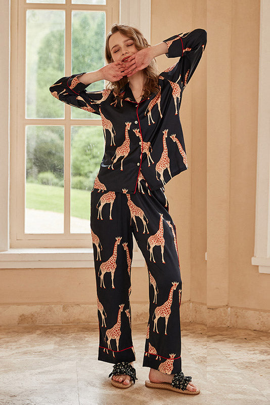 Coordinated Black Giraffe Print Long-Sleeve Pajama Set
