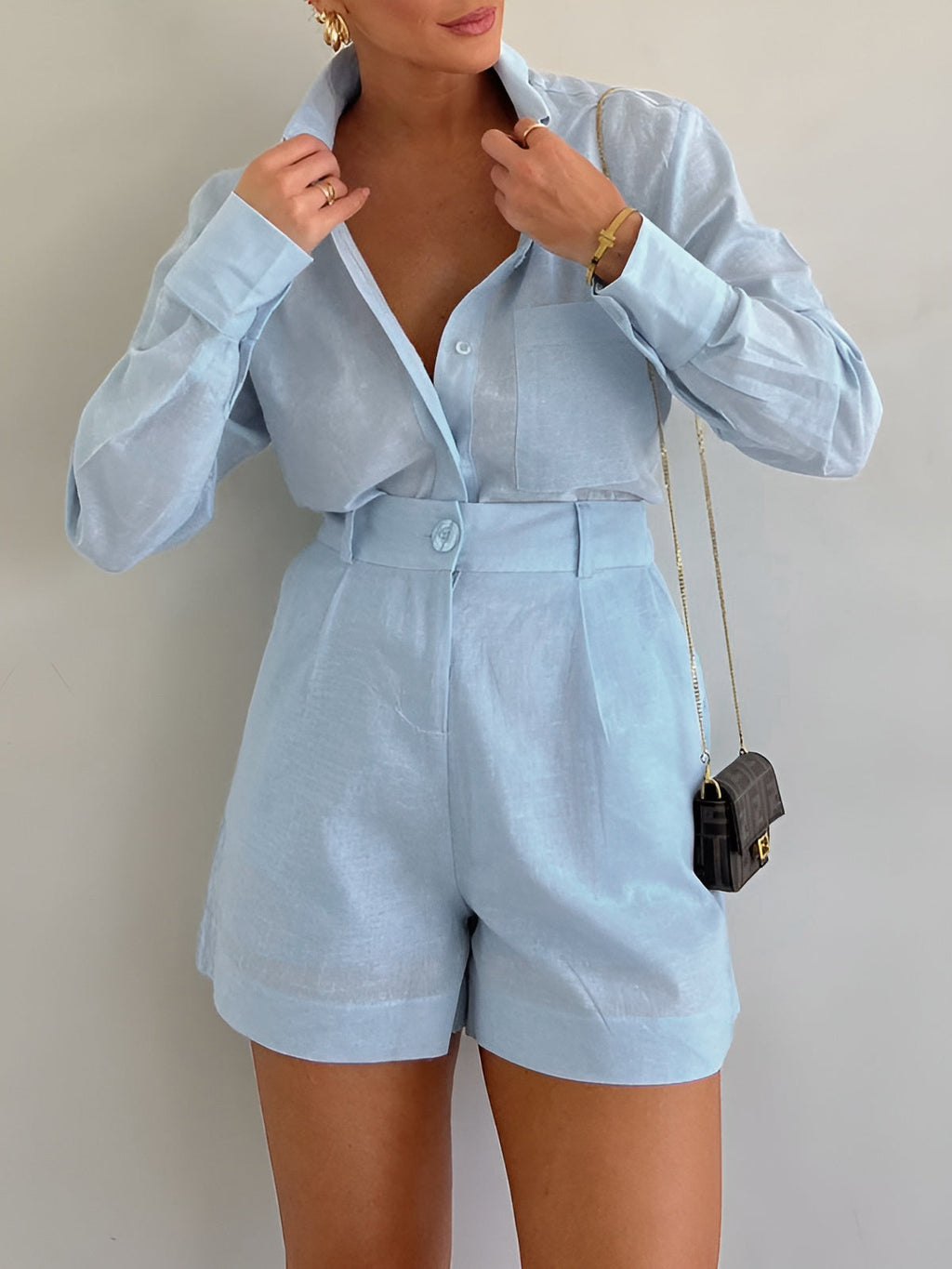 Women's Cotton Two-Piece Summer Set – Relaxed Long Sleeve Button Front Shirt and High Waisted Pleated Shorts for Smart Casual Wear
