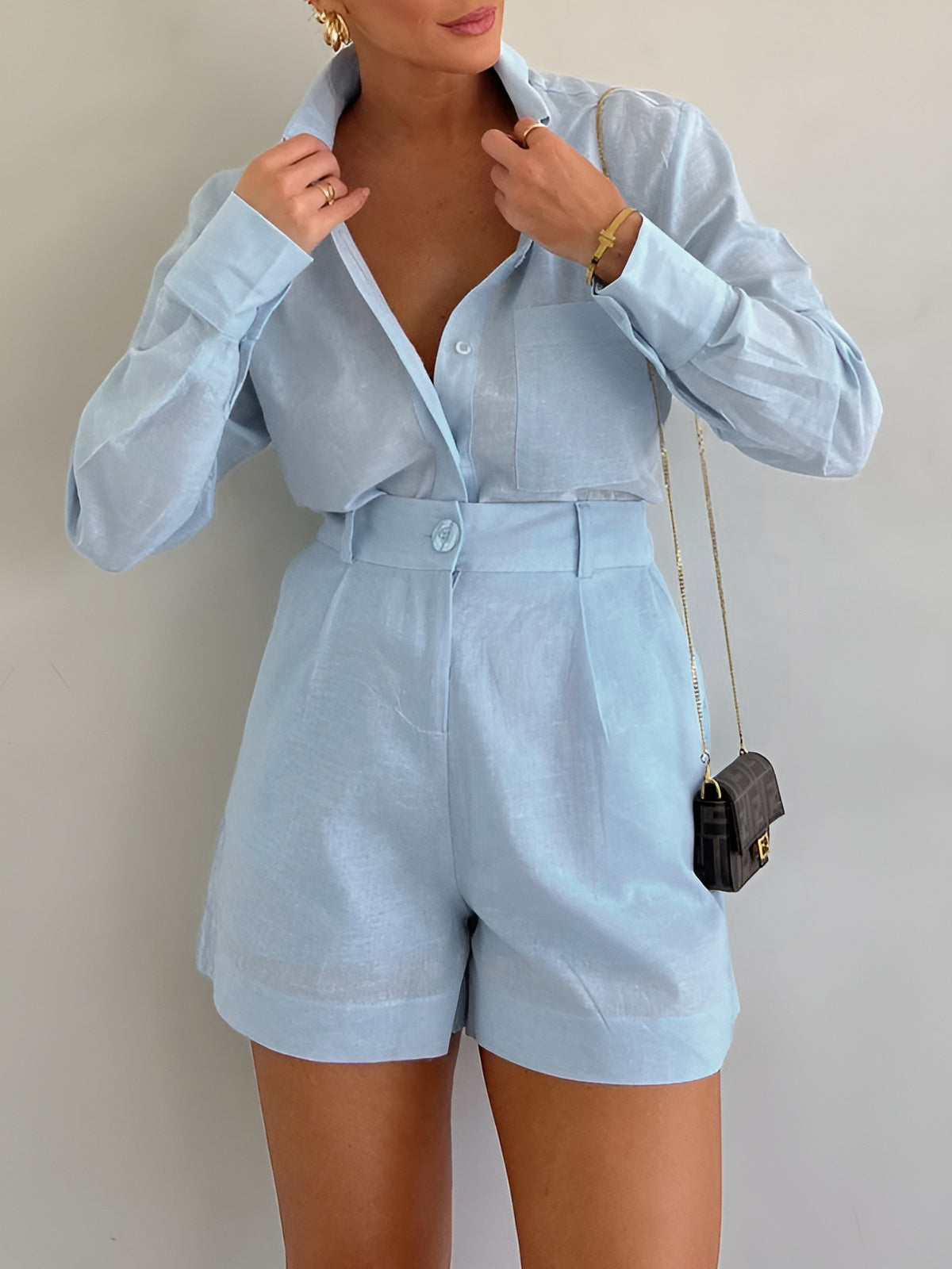 Women's Cotton Two-Piece Summer Set – Relaxed Long Sleeve Button Front Shirt and High Waisted Pleated Shorts for Smart Casual Wear