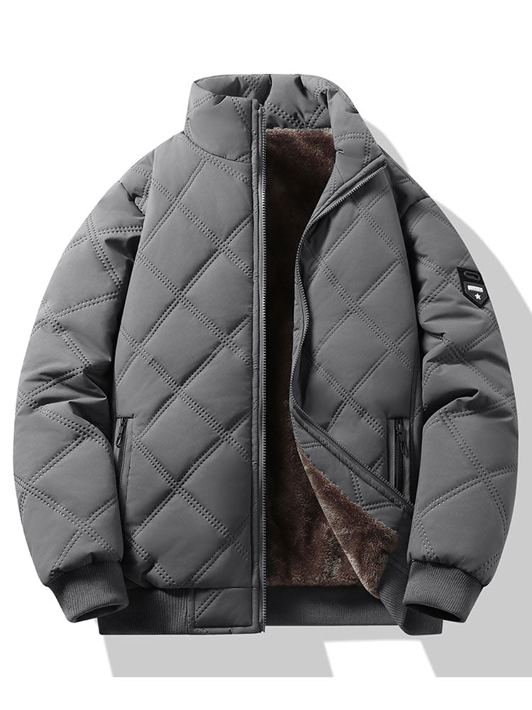 Men's Faux Fur-Lined Quilted Winter Jacket – Padded Stand Collar Zip-Up Coat with Warm Insulation and Zipped Pockets