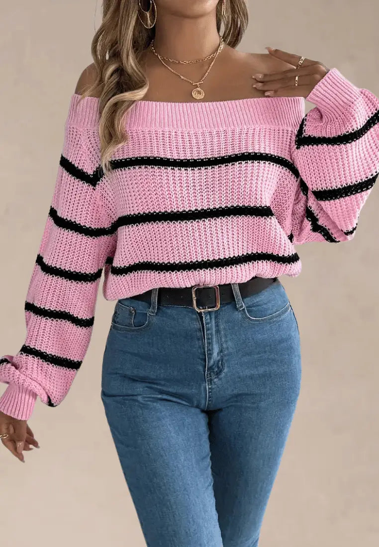 Women's Striped Off-the-Shoulder Knitted Sweater – Relaxed Long Sleeve Bardot Neckline Knitwear for Casual Autumn and Winter Outfits