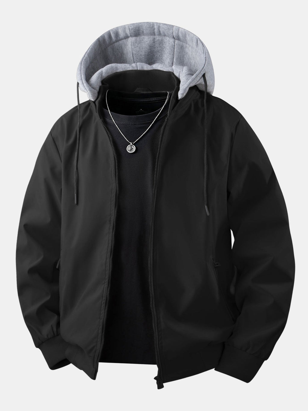Men's Relaxed Hooded Bomber Jacket – Detachable Drawstring Hood with Zip-Up Front and Ribbed Trims for Casual Autumn Wear