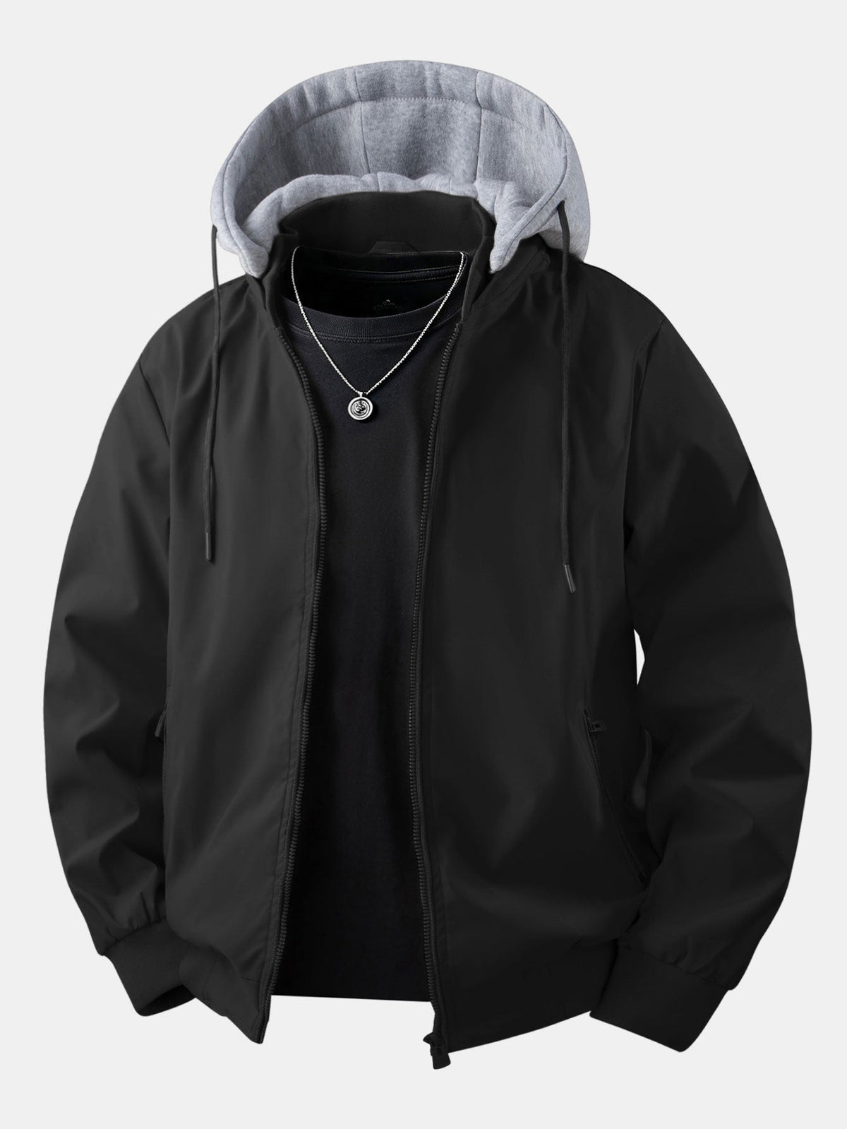 Men's Relaxed Hooded Bomber Jacket – Detachable Drawstring Hood with Zip-Up Front and Ribbed Trims for Casual Autumn Wear