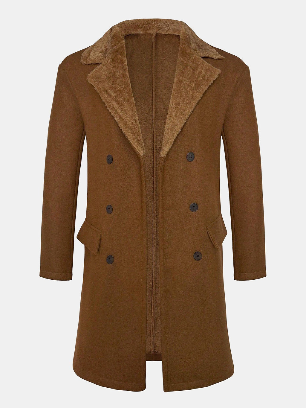 Men's Long Faux Wool Winter Coat – Double-Breasted Overcoat with Teddy Fleece Collar and Warm Lining for Smart Casual Wear