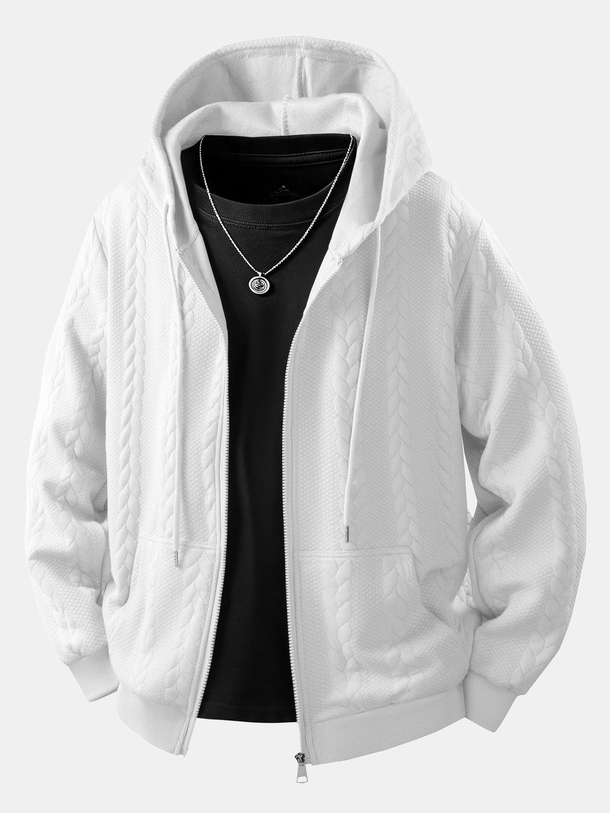 Men's Cable Jacquard Zip-Up Hoodie – Textured Long Sleeve Hooded Sweatshirt with Drawstrings and Pockets for Casual Everyday Wear