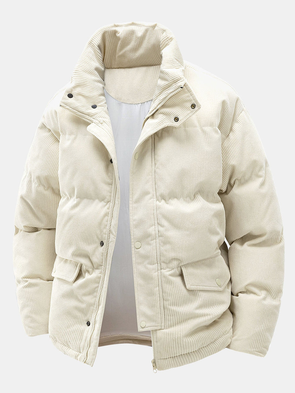 Men's Corduroy Puffer Jacket – Warm Padded Winter Outerwear with High Stand Collar and Utility Pockets