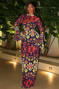 Indigo Retro Blush Art-Pattern Maxi-Length Dress