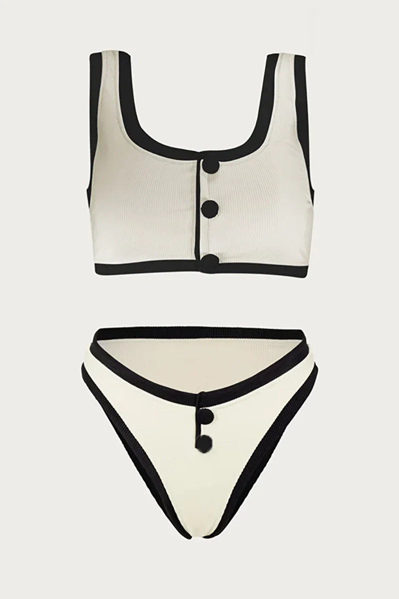 Refined Contrast Button Detail Two-Piece Swimsuit