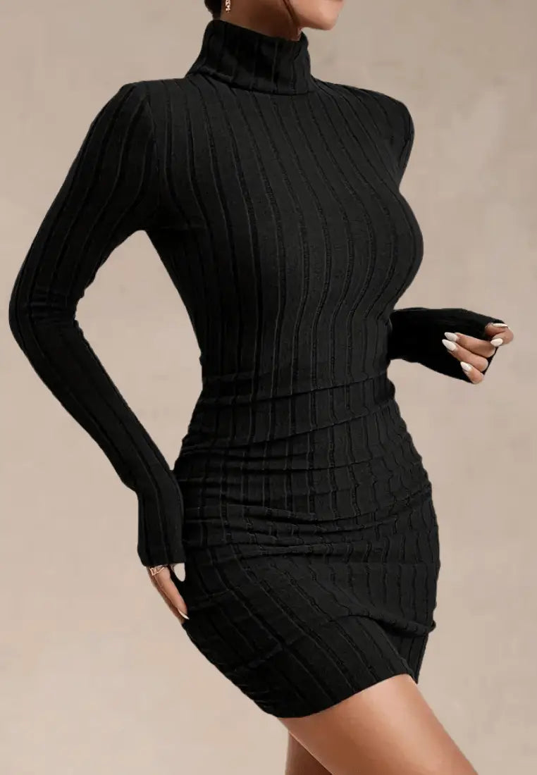 Women's Ribbed Knit Bodycon Mini Dress with High Turtleneck and Long Thumbhole Sleeves – Slim Fit Stretch Knitted Sweater Dress for Elegant Autumn Winter Evening Wear and Smart Casual Outfits