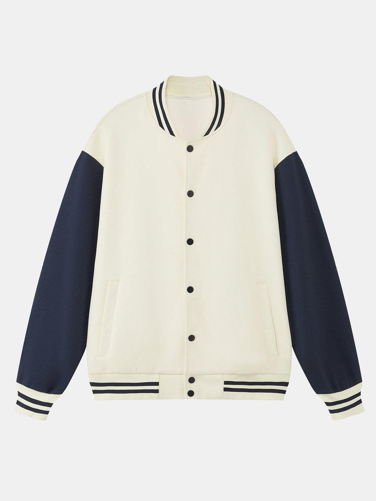 Men's Contrast Sleeve Varsity Baseball Jacket – Classic Cotton Snap-Button College Outerwear with Striped Ribbed Trims for Spring and Autumn