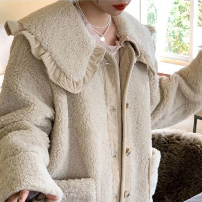 Women’s Longline Teddy Fleece Coat with Oversized Ruffled Collar and Button Front – Cosy Relaxed Winter Outerwear with Patch Pockets