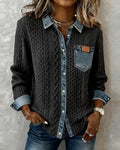 Women's Chunky Cable Knit Button-Up Cardigan with Denim Collar and Chest Pocket – Relaxed Long Sleeve Layer for Autumn and Winter Casual Wear