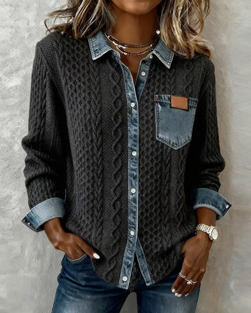 Women's Chunky Cable Knit Button-Up Cardigan with Denim Collar and Chest Pocket – Relaxed Long Sleeve Layer for Autumn and Winter Casual Wear