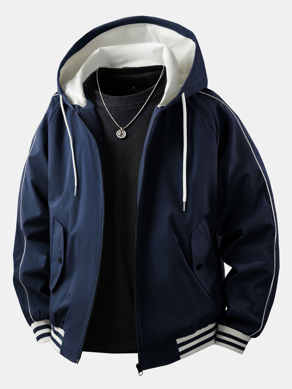 Men's Relaxed Hooded Bomber Jacket – Contrast Lined Zip-Up Outerwear with Striped Ribbed Trims for Casual Streetwear