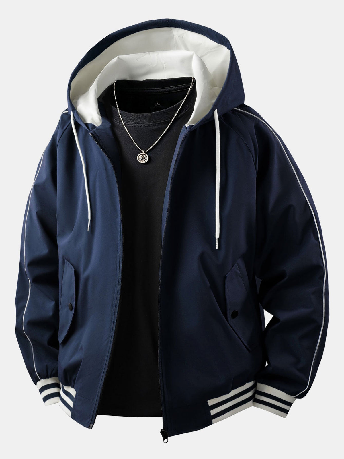Men's Relaxed Hooded Bomber Jacket – Contrast Lined Zip-Up Outerwear with Striped Ribbed Trims for Casual Streetwear