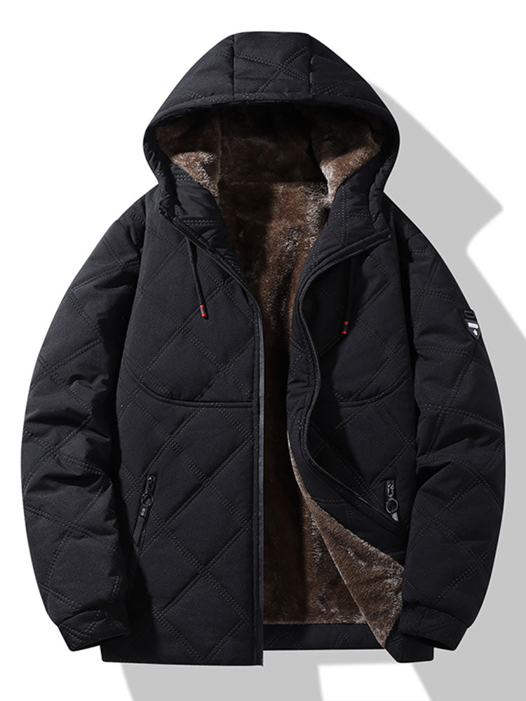 Men's Faux Fur-Lined Quilted Winter Jacket – Warm Hooded Zip-Up Coat with Pockets for Cold Weather and Outdoor Wear