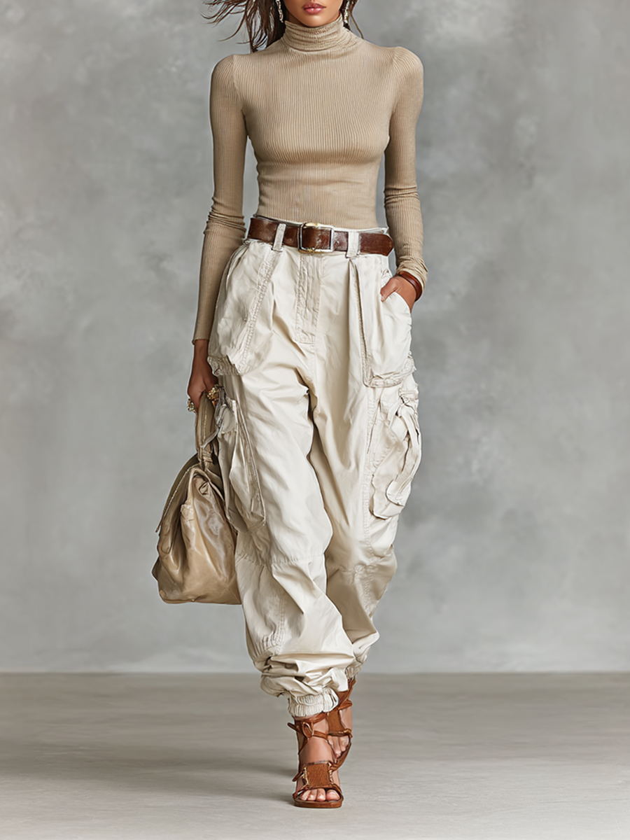 Women's Tight High Neck Long Sleeve T-shirt Multi-pocket Cargo Trousers Two-Piece Set (without Belt)