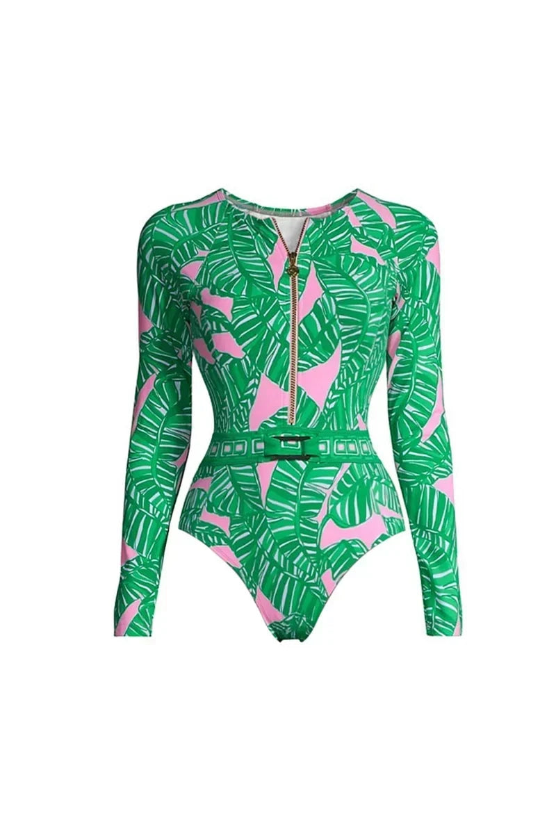 Green Zip-Front Flower Surf Set