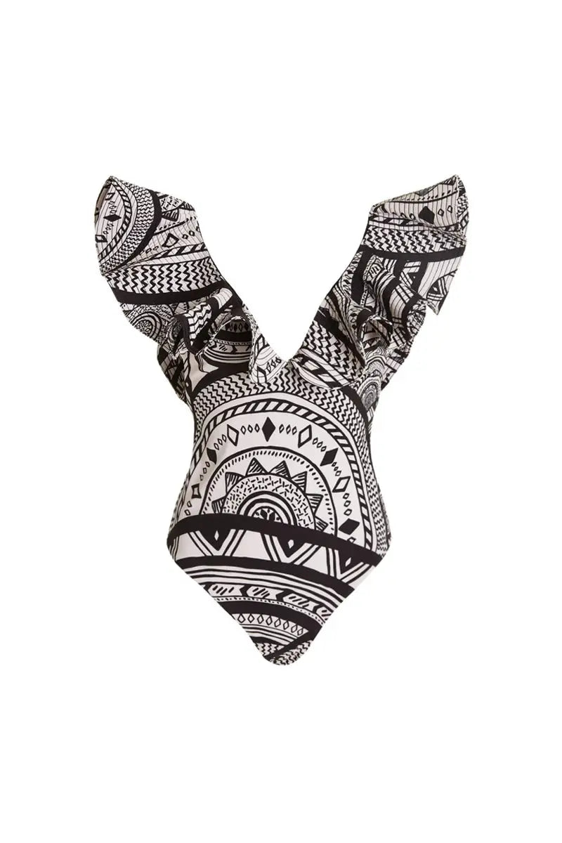 Deep V Ruffled Retro Print Swimsuit