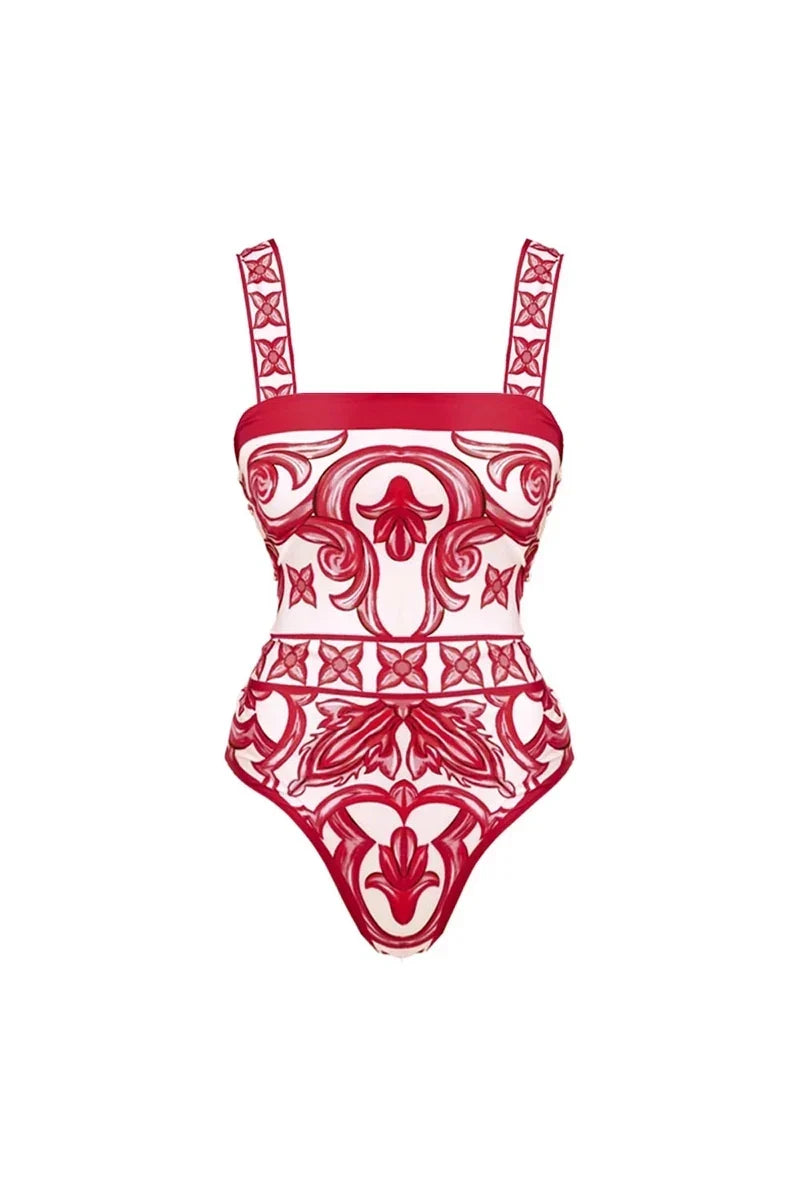 Ethnic Print One-Piece Swimwear Set