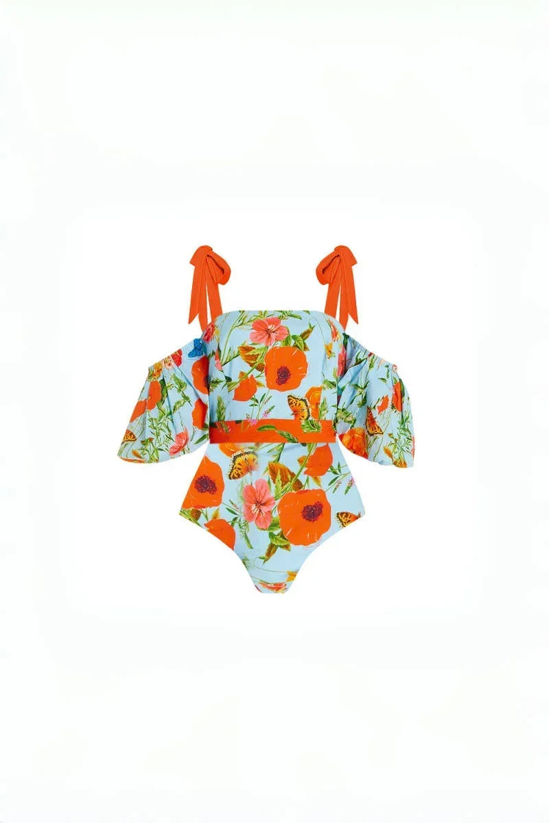 Flower Puff Sleeve Bandeau One-Piece Swimwear