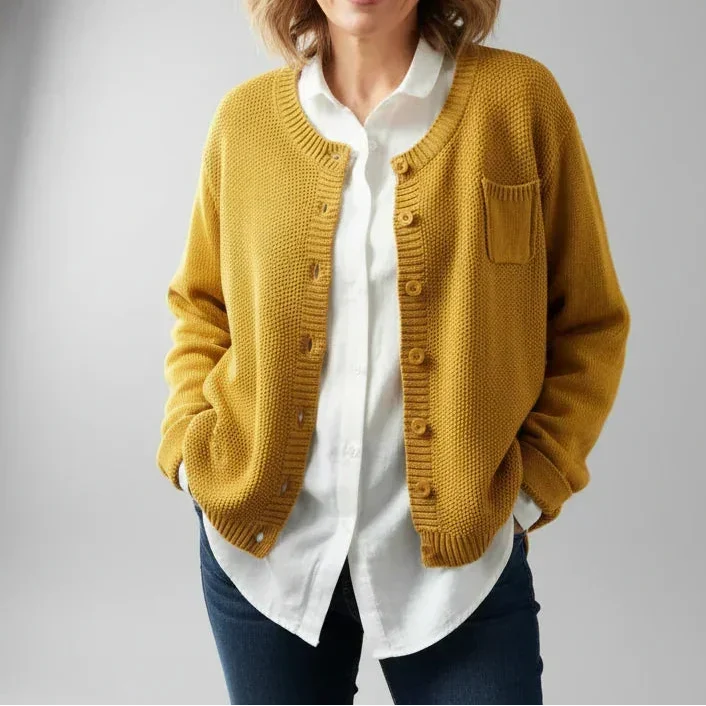 Women’s Textured Knit Button-Up Cardigan with Round Neck and Chest Pocket – Relaxed Classic Layer for Spring and Autumn