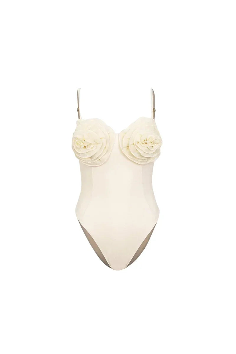 Flower Applique Solid One-Piece Swimwear