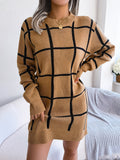 Women's Check Pattern Knitted Mini Dress – Long Sleeve Crew Neck Fitted Dress for Elegant Autumn and Winter Wear