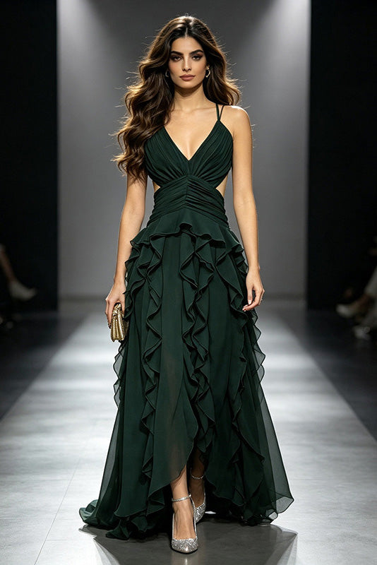 Deep V Cross Tie Open-Back Multi Ruffled Maxi-Length Dress