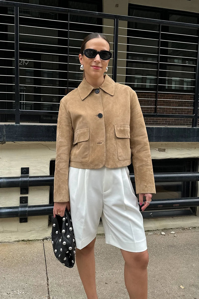 Suede Jacket with Button Closure and Pockets