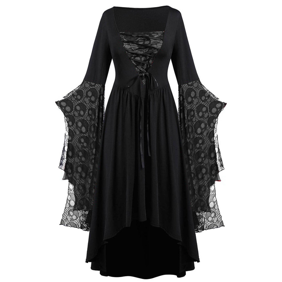 Women's Lace Sleeve High-Low Maxi Dress – Square Neck Lace Up Evening Dress for Themed Parties and Special Occasions