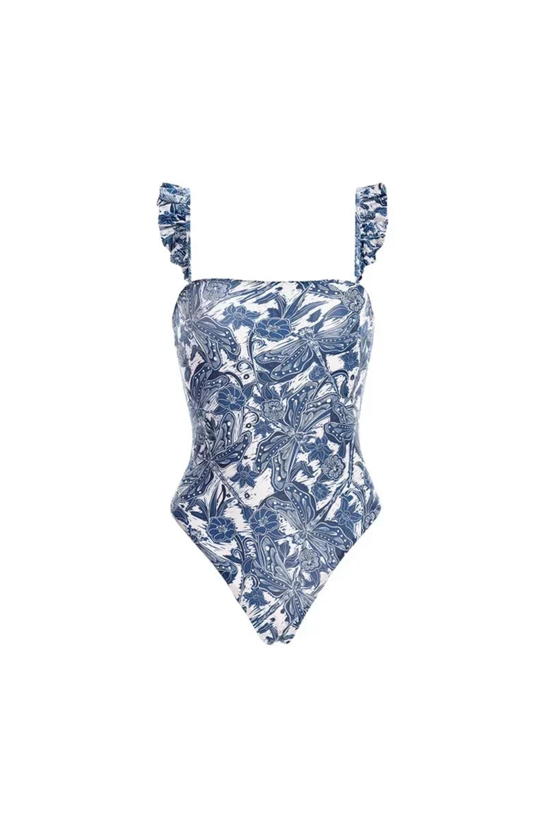 Blue Dragonfly Ruffled One-Piece Swimwear