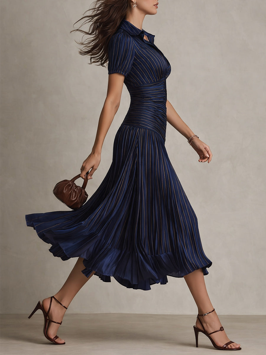 Adriana - Short Sleeve Pleated Retro Striped Satin Midi Dress