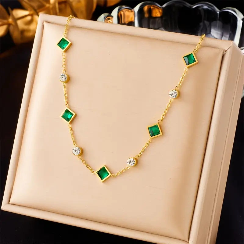 Evelina Gold Necklace with Green Crystals and Cubic Zirconia