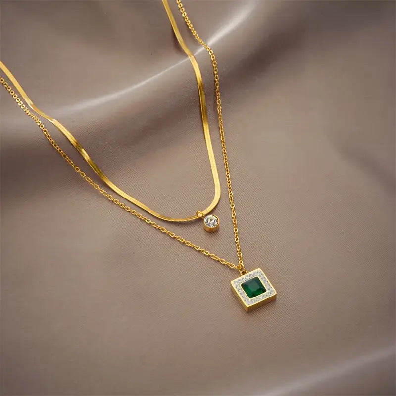 Althea Gold-Plated Double Necklace with Green Crystal Pendants