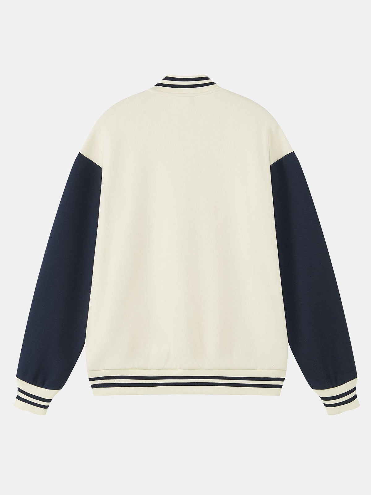 Men's Contrast Sleeve Varsity Baseball Jacket – Classic Cotton Snap-Button College Outerwear with Striped Ribbed Trims for Spring and Autumn