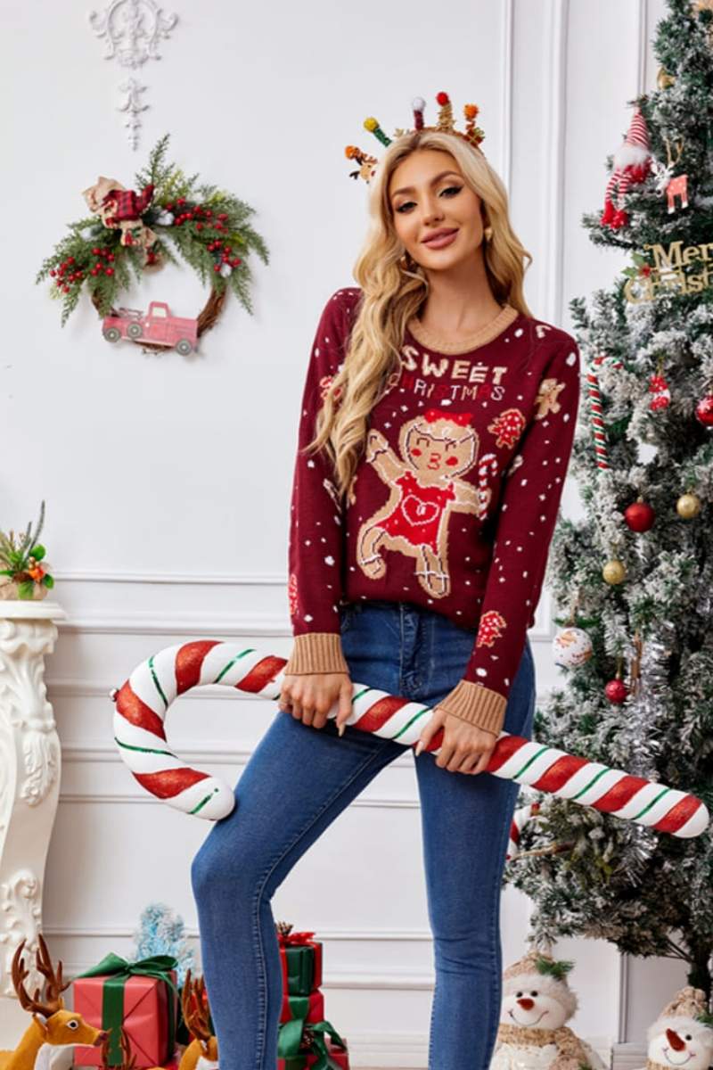 Relaxed Crew Neck Embroidered Knit Sweater Gingerbread Man