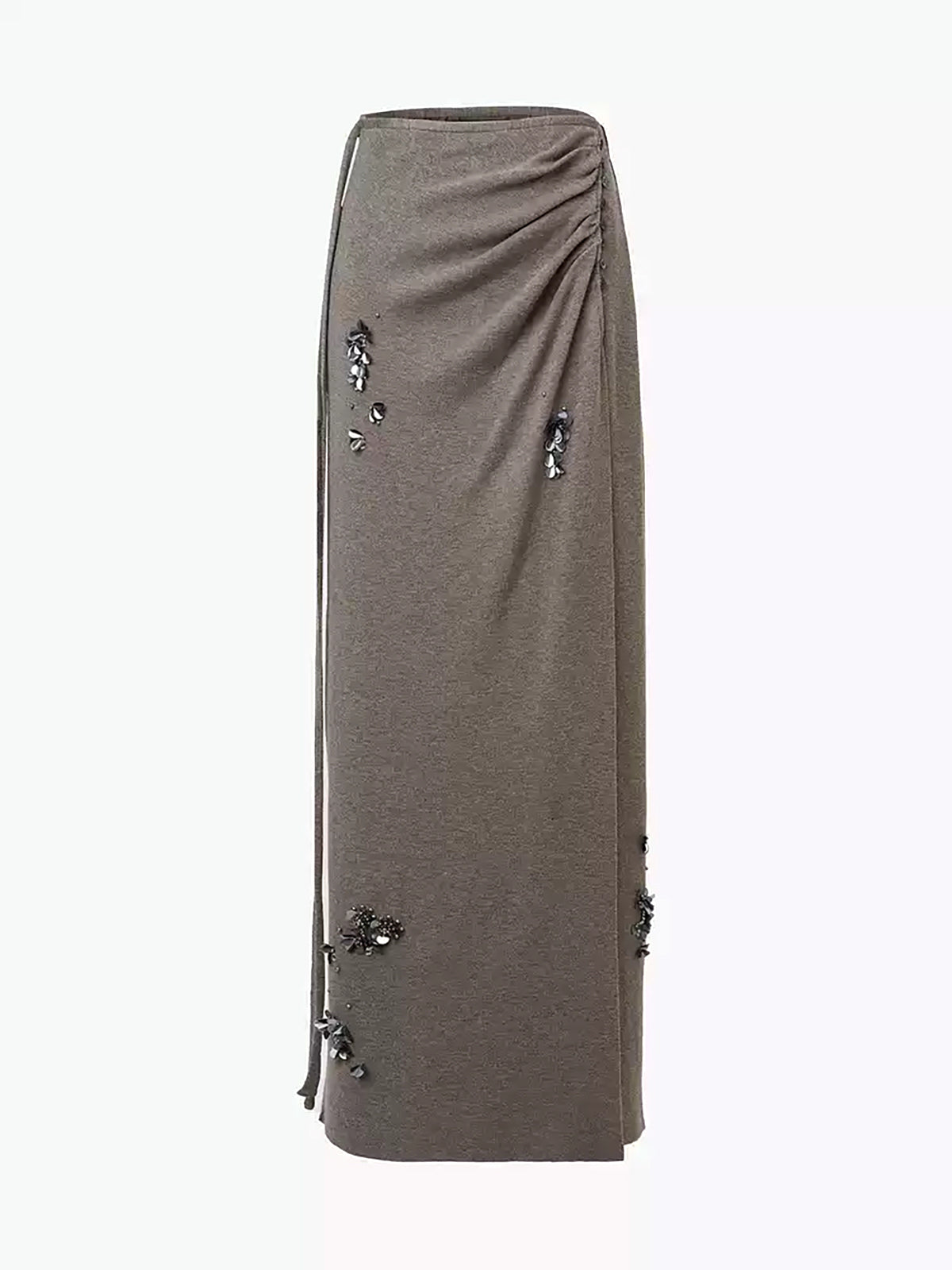 Women's Sequin Embellished Ribbed Knit Skirt Set – Asymmetric Long Sleeve Top and Draped Maxi Skirt for Evening Wear