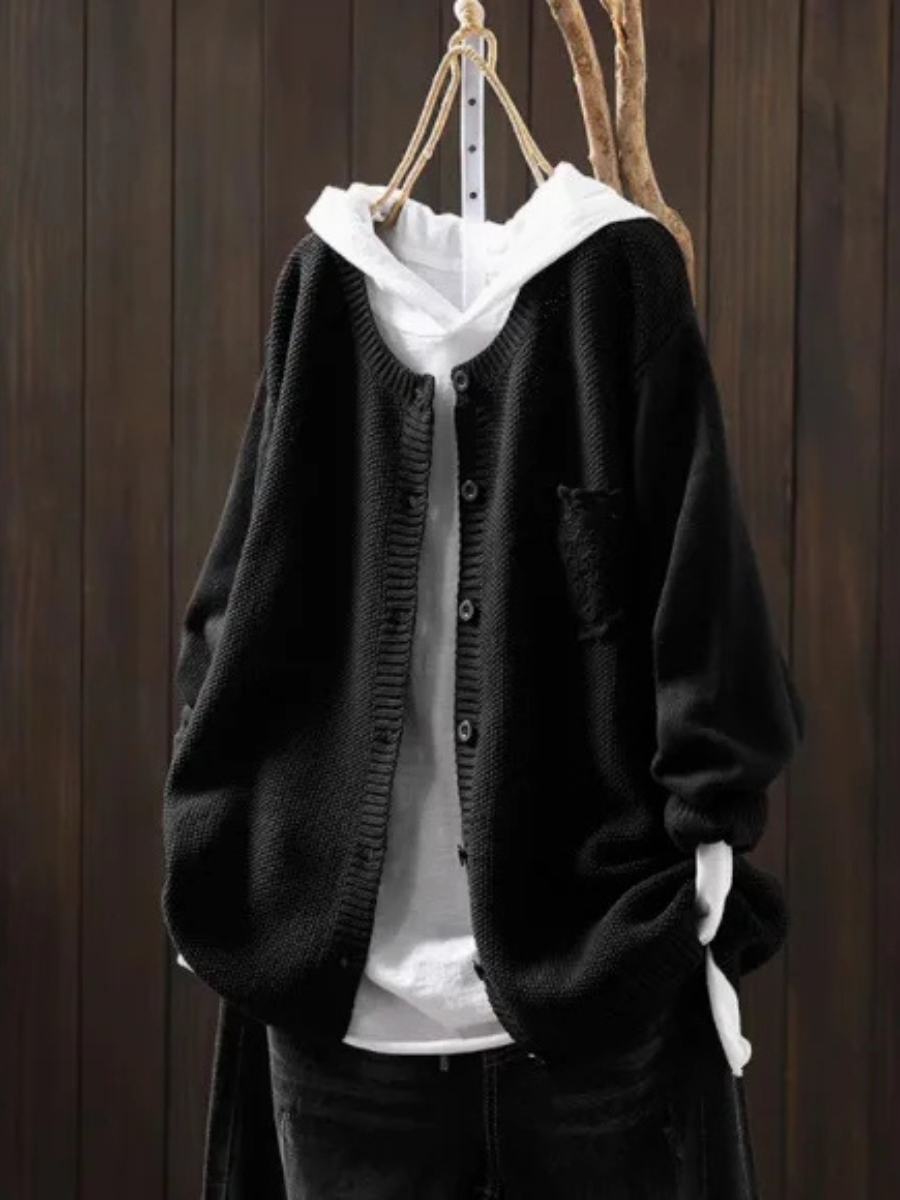 Women's Relaxed Button Front Knitted Cardigan with Decorative Ruffle Pocket – Soft Long Sleeve Round Neck Cardigan for Autumn and Winter Layering