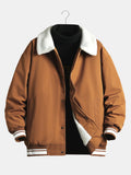 Men's Teddy-Lined Baseball Bomber Jacket – Warm Sherpa Collar Outerwear with Snap-Button Fastening and Striped Ribbed Trims for Autumn and Winter