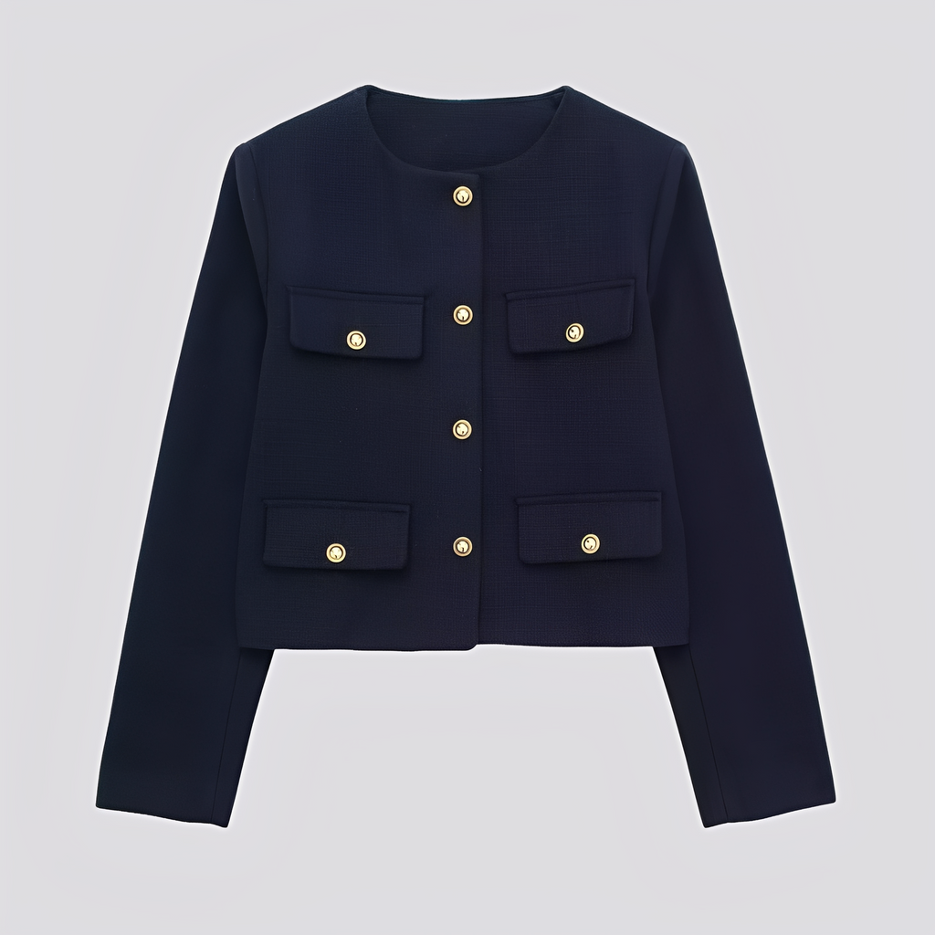 Women’s Cropped Collarless Jacket with Decorative Buttons and Flap Pockets – Elegant Tailored Layer for Smart Casual Wear