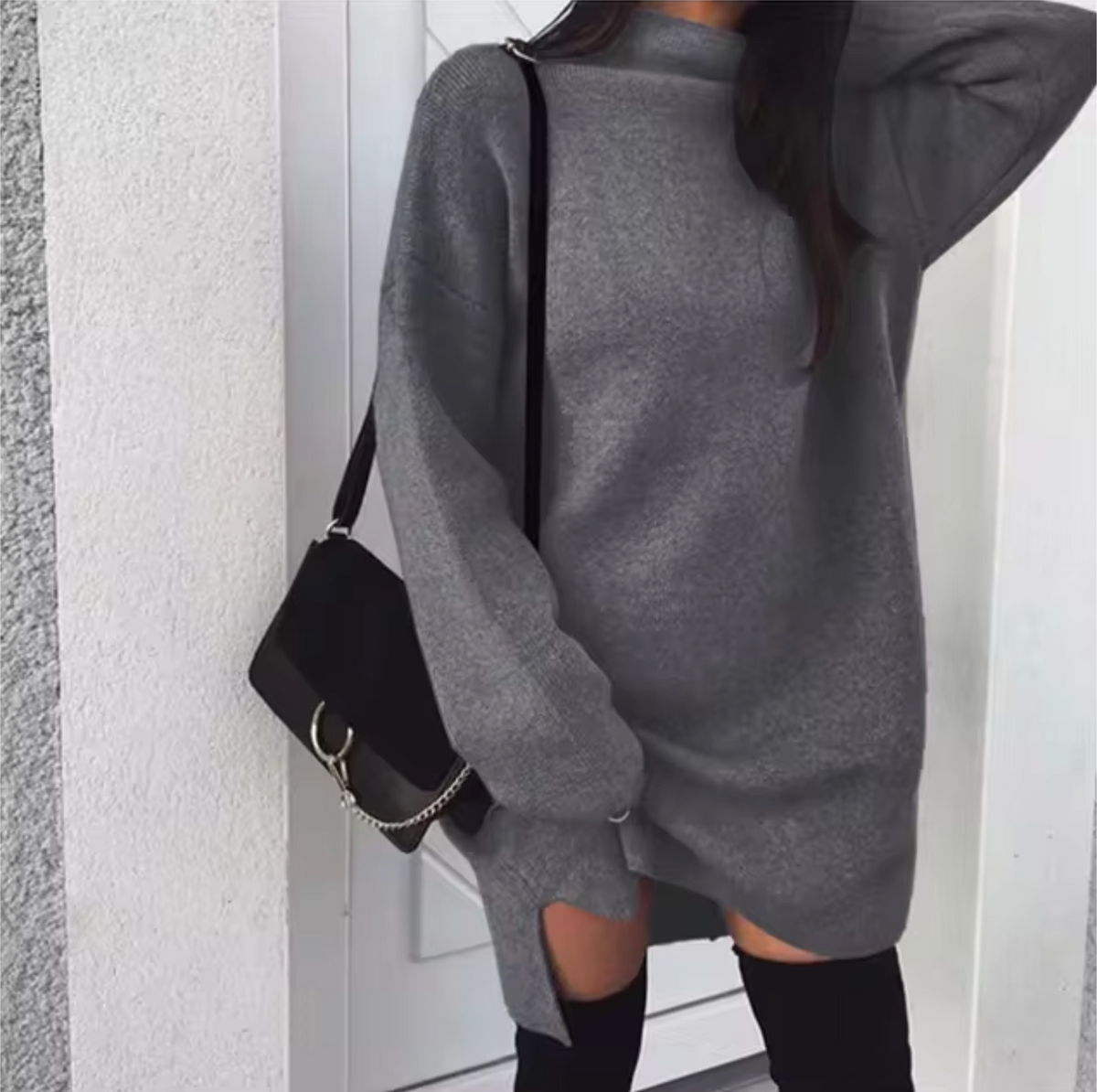 Women's Wool and Cashmere Blend Oversized Sweater Dress – Soft Long Sleeve High Neck Knitted Mini Dress for Autumn and Winter