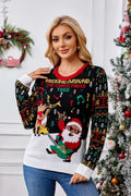Knit Crew Neck Embroidered Knit Sweater Santa Claus & Musical Notes