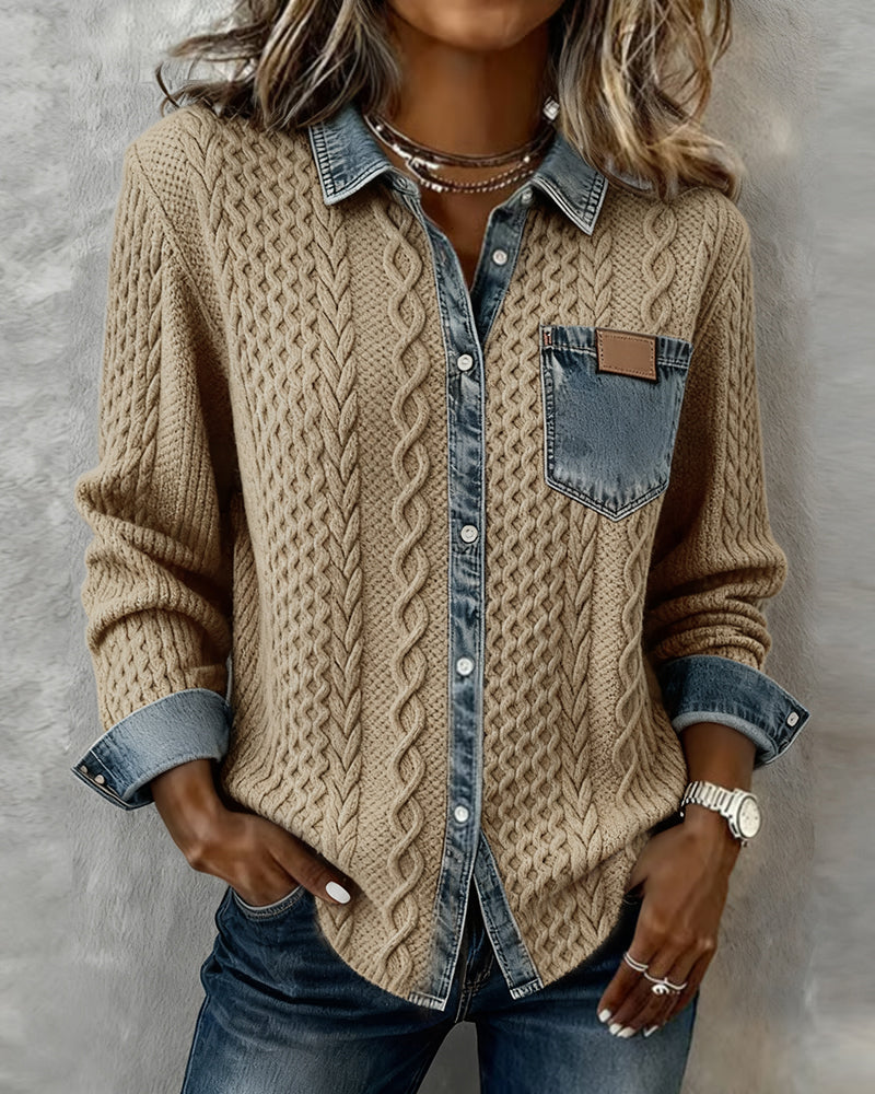 Women's Chunky Cable Knit Button-Up Cardigan with Denim Collar and Chest Pocket – Relaxed Long Sleeve Layer for Autumn and Winter Casual Wear