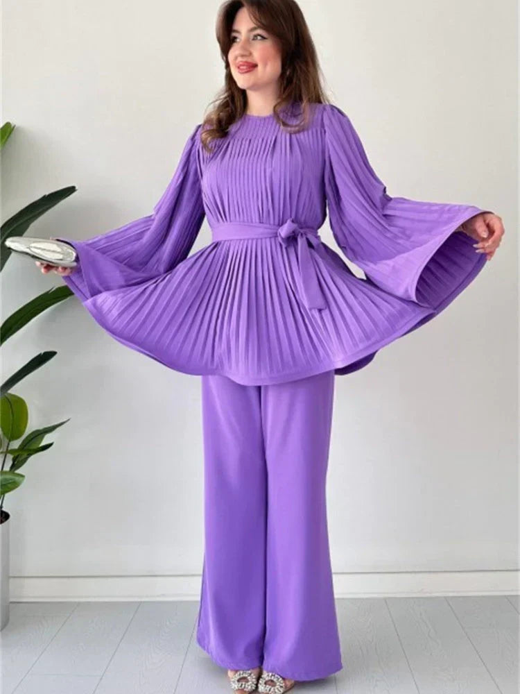 Women's Pleated Long-Sleeve Tunic and Wide-Leg Trousers Set with Tie Waist – Elegant Two-Piece Outfit for Smart Casual Occasions